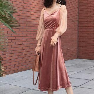 Long-sleeve Top / Strappy Velvet Midi Dress / Set