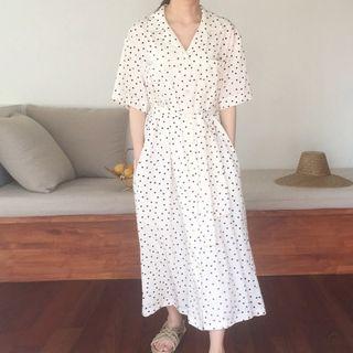 Pocket-front Dotted Short-sleeve Dress White - One Size