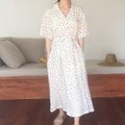 Pocket-front Dotted Short-sleeve Dress White - One Size