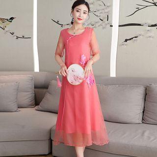 Flower Embroidered Short-sleeve Midi A-line Mesh Dress