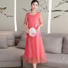 Flower Embroidered Short-sleeve Midi A-line Mesh Dress