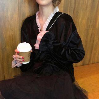 Frill Trim V-neck Blouse Black - One Size