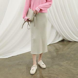 Deep-slit Long Rib-knit Skirt