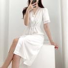 Short-sleeve Perforated Tie Waist Split Dress