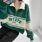 Half-zipper Colorblock Embroidered Oversized Sweatshirt Green - One Size