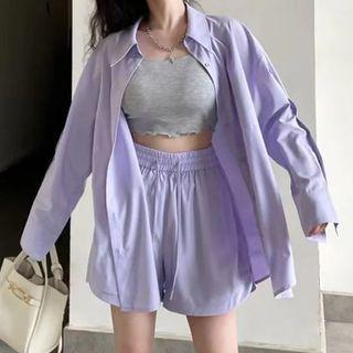 Set: Plain Shirt + Shorts Set Of 2 - Shirt & Shorts - Purple - One Size