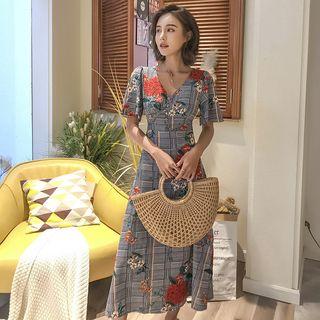 Short-sleeve Flower Print Plaid A-line Midi Dress