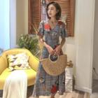 Short-sleeve Flower Print Plaid A-line Midi Dress