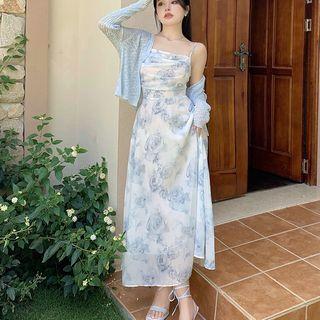 Spaghetti-strap Floral Maxi A-line Dress / Cardigan