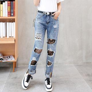 Sheer Panel Ripped Straight-fit Jeans