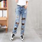 Sheer Panel Ripped Straight-fit Jeans