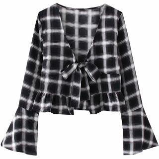 Bell-sleeve Plaid Tie-front Crop Top