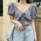 Plaid Puff-sleeve Drawstring Cropped Blouse