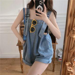 Washed Wide Leg Denim Dungaree Shorts Blue - One Size