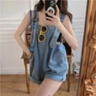 Washed Wide Leg Denim Dungaree Shorts Blue - One Size