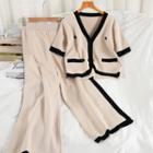 Set: Short-sleeve Contrast Trim Cardigan + Wide-leg Pants