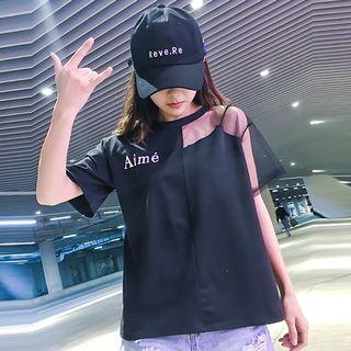 Elbow-sleeve Mesh Paneled Letter T-shirt