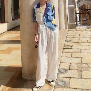 Set: Short-sleeve Two-tone Cargo Shirt + Wide Leg Pants
