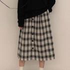 High-waist Single-breasted Plaid Long Skirt As Shown In Figure - One Size