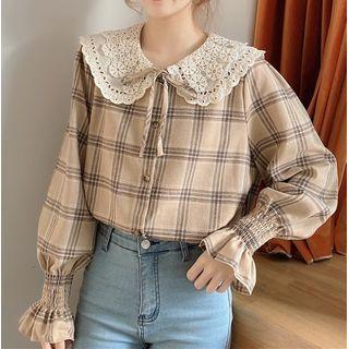 Bell-sleeve Collar Plaid Blouse