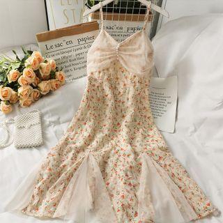 Sleeveless Mesh-panel Floral Midi Dress