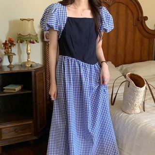 Mock Two-piece Puff-sleeve Gingham Midi Dress