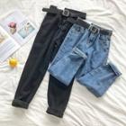 Plain High-waist Jeans With Belt