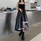 Spaghetti Strap Asymmetrical Midi A-line Dress Black - One Size