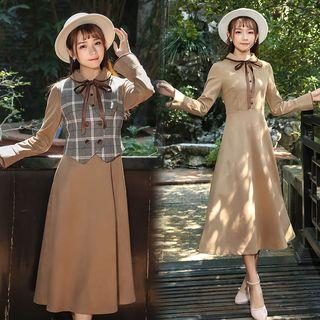 Plaid Vest / Long-sleeve A-line Midi Dress / Set