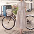 Round-collar Tie-waist Checked Shirtdress