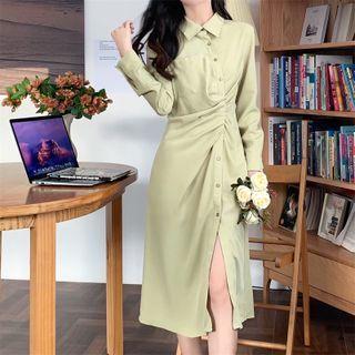 Long-sleeve Asymmetrical Ruched Slit Midi Shirtdress