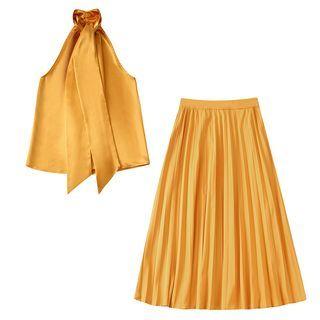 Sleeveless Tie-neck Blouse / Midi A-line Skirt / Set