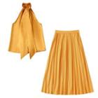 Sleeveless Tie-neck Blouse / Midi A-line Skirt / Set