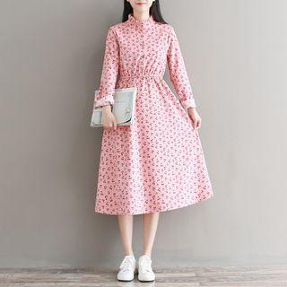 Cherry Print Long-sleeve Midi A-line Dress