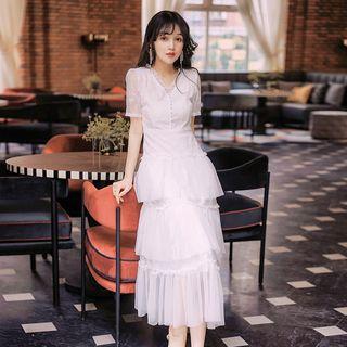 Short-sleeve Embroidered Mesh A-line Midi Tiered Dress