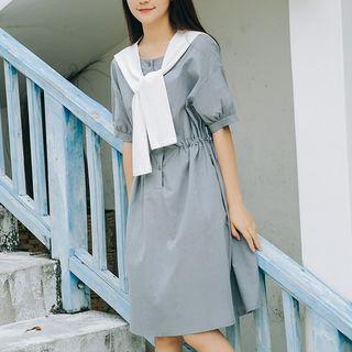 Set: Elbow-sleeve Buttoned A-line Dress + Scarf