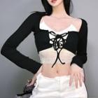 Set: Long-sleeve Lace Up T-shirt + Spaghetti Strap Lace Top