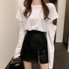 High-waist Faux Leather Mini A-line Skirt / Plain T-shirt