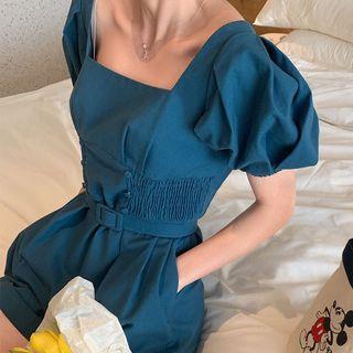 Puff-sleeve Shirred Belted Romper