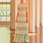 Elbow-sleeve Two-tone Lace Panel Maxi A-line Dress