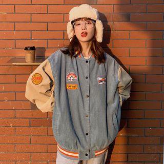 Contrast Stripe Corduroy Applique Baseball Jacket