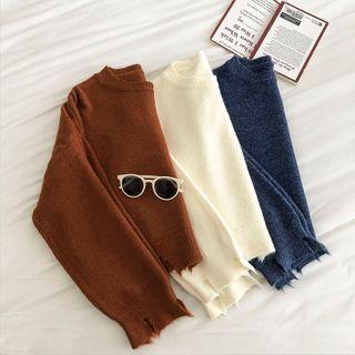 Distressed Crewneck Long-sleeve Knit Top