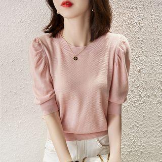 Elbow-sleeve Crew Neck Knit Top