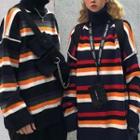 Lettering Embroidered Striped Turtleneck Sweater