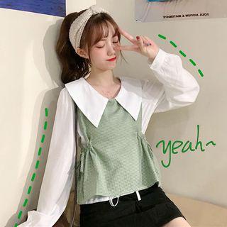 Set : Doll Collar Long-sleeved Top + Plaid Vest