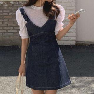 Puff-sleeve Plain T-shirt / Denim Mini Overall Dress