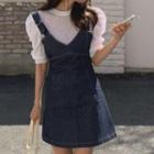 Puff-sleeve Plain T-shirt / Denim Mini Overall Dress