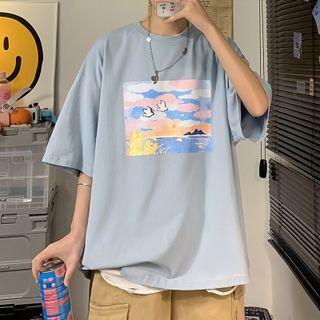 Round-neck Cartoon Print Short-sleeve Oversized T-shirt