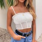 Ruffle Trim Mesh Panel Cropped Camisole Top