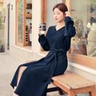V-neck Slit-front Midi Dress With Sash